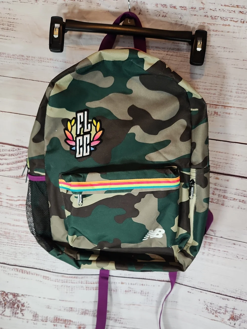 New Balance Green Camo Backpack with Rainbow Stripe and Purple Accents